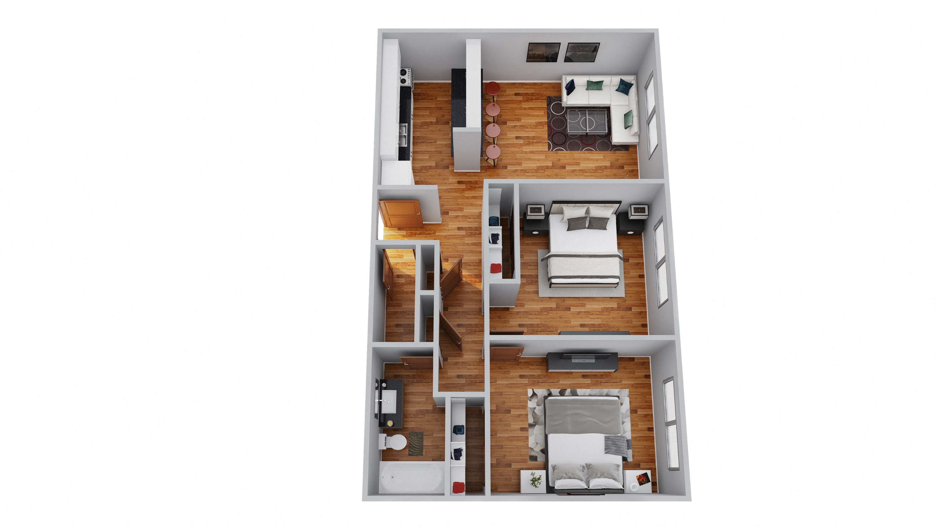 Floor plan for 2 beds, 1 bath, 740 sqft